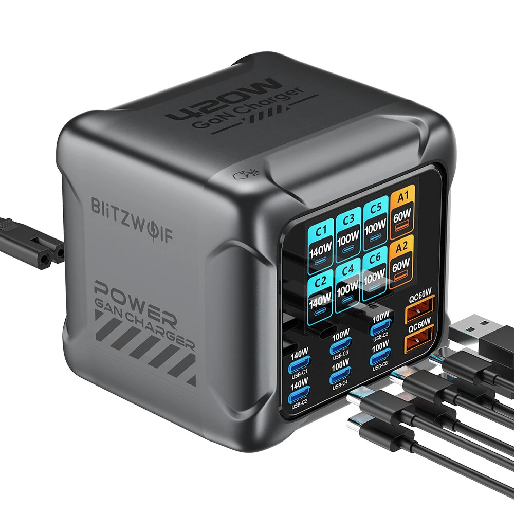 [GaN Tech] Blitzwolf® BW-S33 420W 8 Ports USB PD Charger 6USB-C+2USB-A QC PD Digital Display Fast Charging Desktop Charging Station for iPhone 17 16 16 Pro 15 14 13 Pro Max for MacBook Pro for Airpods for Apple Watch — view 2