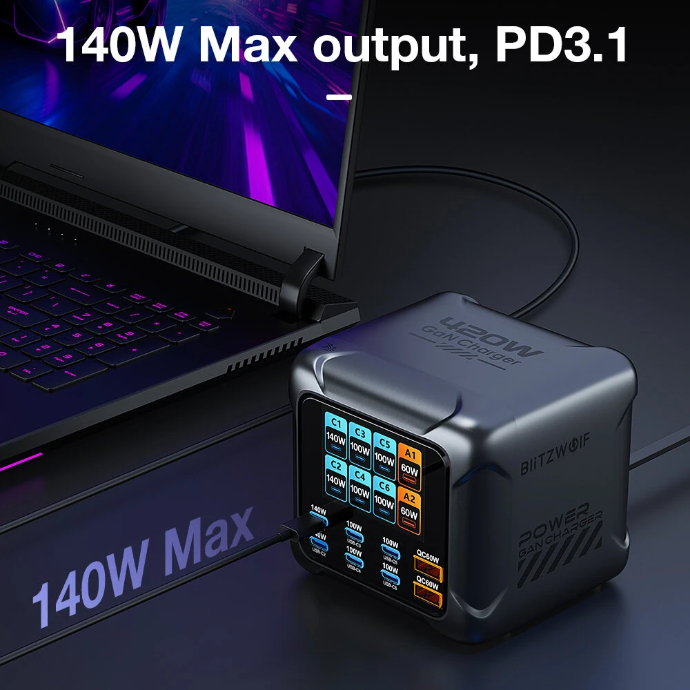 [GaN Tech] Blitzwolf® BW-S33 420W 8 Ports USB PD Charger 6USB-C+2USB-A QC PD Digital Display Fast Charging Desktop Charging Station for iPhone 17 16 16 Pro 15 14 13 Pro Max for MacBook Pro for Airpods for Apple Watch — view 6