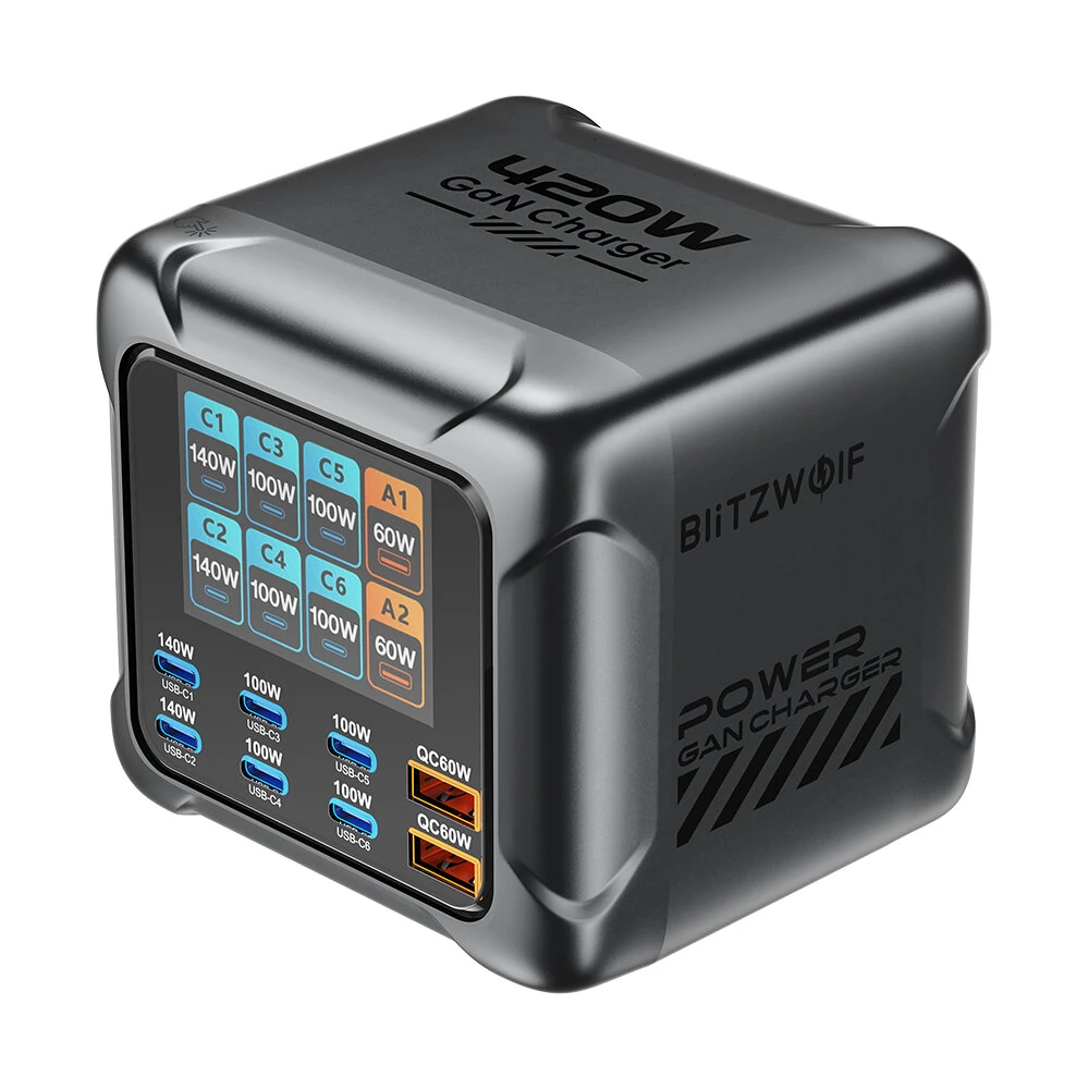 [GaN Tech] Blitzwolf® BW-S33 420W 8 Ports USB PD Charger 6USB-C+2USB-A QC PD Digital Display Fast Charging Desktop Charging Station for iPhone 17 16 16 Pro 15 14 13 Pro Max for MacBook Pro for Airpods for Apple Watch — view 7