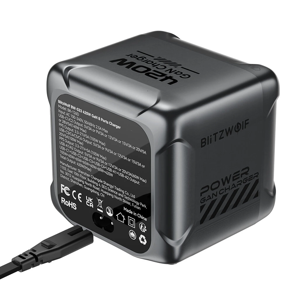 [GaN Tech] Blitzwolf® BW-S33 420W 8 Ports USB PD Charger 6USB-C+2USB-A QC PD Digital Display Fast Charging Desktop Charging Station for iPhone 17 16 16 Pro 15 14 13 Pro Max for MacBook Pro for Airpods for Apple Watch — view 8