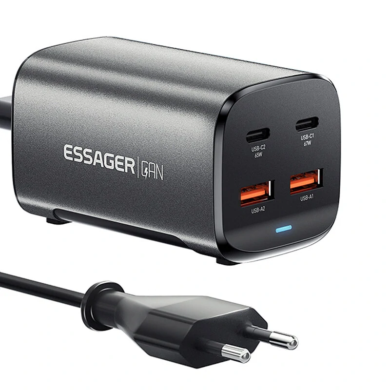 [GaN Tech] ESSAGER ES-CD35 67W 4-Port USB PD Charger 2USB-A+2USB-C PD3.0 QC4.0 AFC FCP SCP PPS BC1.2 DCP Apple2.4A Fast Charging Wall Charger Adapter EU Plug US Plug with 1M C8 Power Cable — ESSAGER