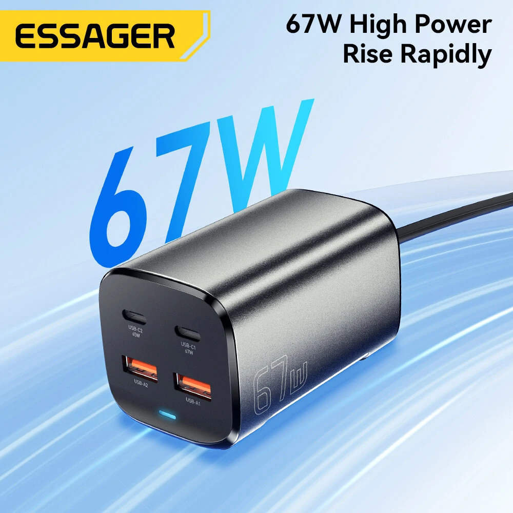 [GaN Tech] ESSAGER ES-CD35 67W 4-Port USB PD Charger 2USB-A+2USB-C PD3.0 QC4.0 AFC FCP SCP PPS BC1.2 DCP Apple2.4A Fast Charging Wall Charger Adapter EU Plug US Plug with 1M C8 Power Cable — view 3