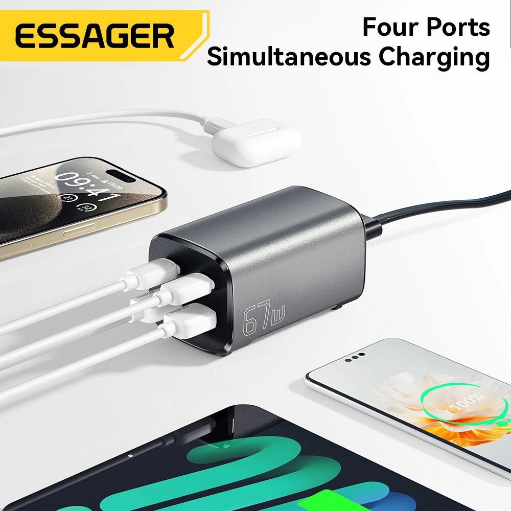 [GaN Tech] ESSAGER ES-CD35 67W 4-Port USB PD Charger 2USB-A+2USB-C PD3.0 QC4.0 AFC FCP SCP PPS BC1.2 DCP Apple2.4A Fast Charging Wall Charger Adapter EU Plug US Plug with 1M C8 Power Cable — view 4