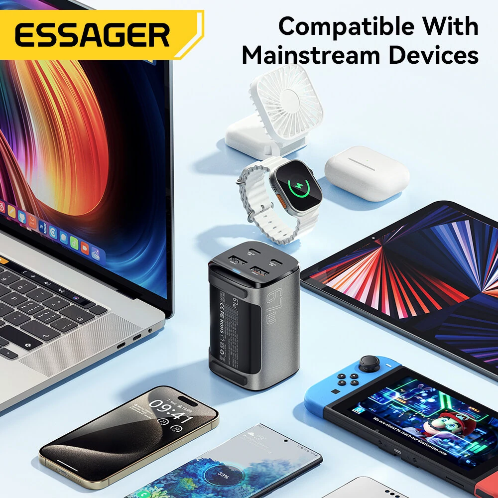 [GaN Tech] ESSAGER ES-CD35 67W 4-Port USB PD Charger 2USB-A+2USB-C PD3.0 QC4.0 AFC FCP SCP PPS BC1.2 DCP Apple2.4A Fast Charging Wall Charger Adapter EU Plug US Plug with 1M C8 Power Cable — view 6
