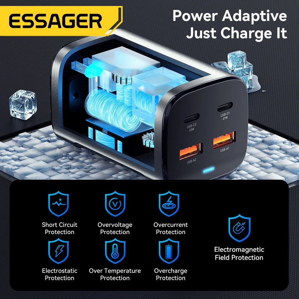 [GaN Tech] ESSAGER ES-CD35 67W 4-Port USB PD Charger 2USB-A+2USB-C PD3.0 QC4.0 AFC FCP SCP PPS BC1.2 DCP Apple2.4A Fast Charging Wall Charger Adapter EU Plug US Plug with 1M C8 Power Cable — view 9