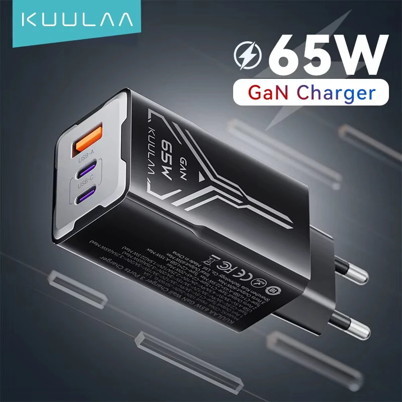 [GaN Tech] KUULAA KL-CD64 65W 3-Port USB PD Charger USB-A+2USB-C PD Fast Charging Wall Charger Adapter EU Plug US Plug for iPhone 16 16 Pro 15 14 13 Pro Max for Xiaomi 15 Ultra for Samsung Galaxy S25 Ultra for Huawei Pura X — view 3