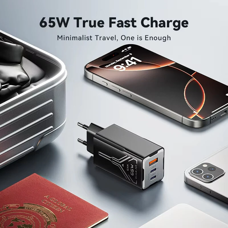[GaN Tech] KUULAA KL-CD64 65W 3-Port USB PD Charger USB-A+2USB-C PD Fast Charging Wall Charger Adapter EU Plug US Plug for iPhone 16 16 Pro 15 14 13 Pro Max for Xiaomi 15 Ultra for Samsung Galaxy S25 Ultra for Huawei Pura X — view 4