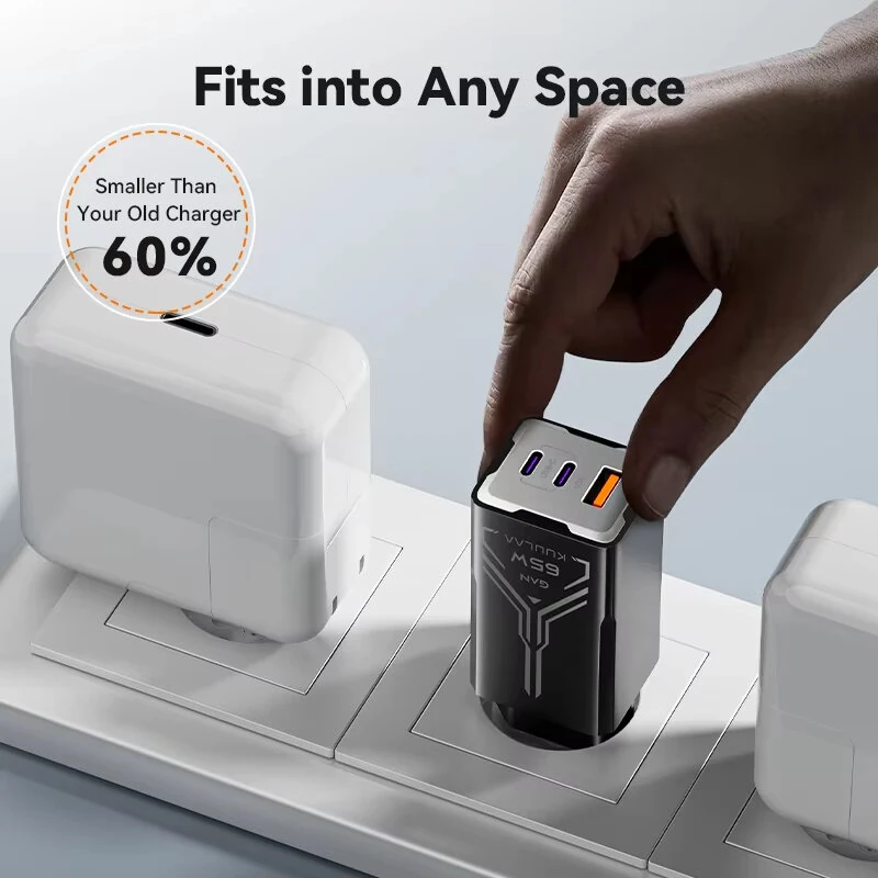 [GaN Tech] KUULAA KL-CD64 65W 3-Port USB PD Charger USB-A+2USB-C PD Fast Charging Wall Charger Adapter EU Plug US Plug for iPhone 16 16 Pro 15 14 13 Pro Max for Xiaomi 15 Ultra for Samsung Galaxy S25 Ultra for Huawei Pura X — view 8