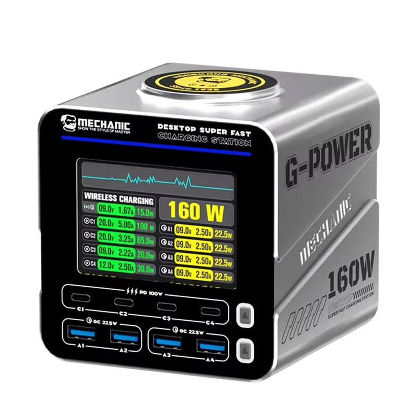 [GaN Tech] Mechanic G-Power 160W 8-Port USB PD Charger with Smart Display Screen 4USB-A+4USB-C PD3.1 QC3.0 Fast Charging Desktop Charger Station with 15W Magnetic Wireless Charging Pad for iPhone 17 17Pro 16 Pro Max 15 14 for Xiaomi 17pro for Huawei Mate — view 2
