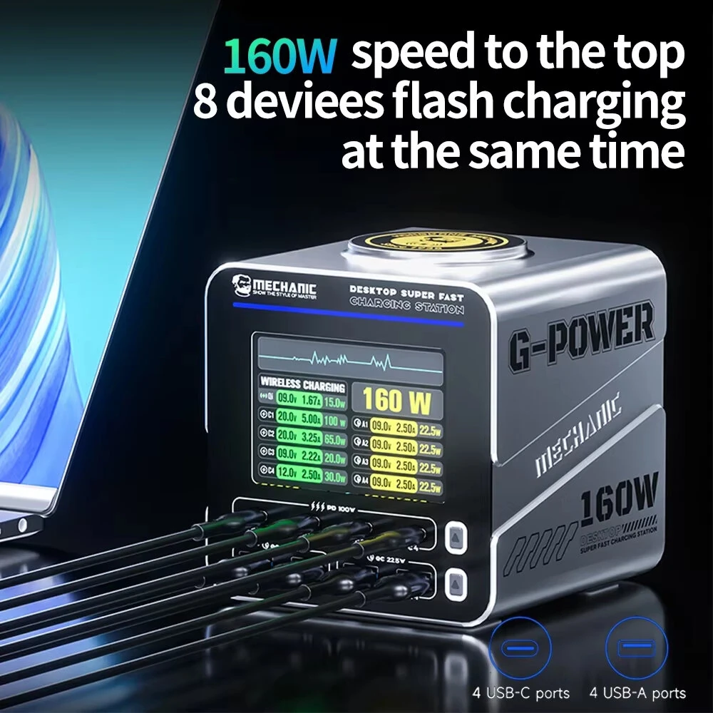 [GaN Tech] Mechanic G-Power 160W 8-Port USB PD Charger with Smart Display Screen 4USB-A+4USB-C PD3.1 QC3.0 Fast Charging Desktop Charger Station with 15W Magnetic Wireless Charging Pad for iPhone 17 17Pro 16 Pro Max 15 14 for Xiaomi 17pro for Huawei Mate — view 3