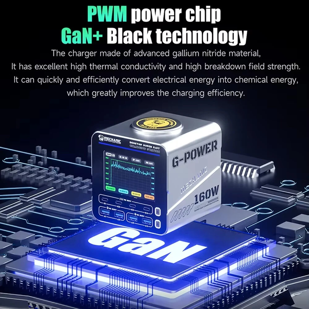 [GaN Tech] Mechanic G-Power 160W 8-Port USB PD Charger with Smart Display Screen 4USB-A+4USB-C PD3.1 QC3.0 Fast Charging Desktop Charger Station with 15W Magnetic Wireless Charging Pad for iPhone 17 17Pro 16 Pro Max 15 14 for Xiaomi 17pro for Huawei Mate — view 6