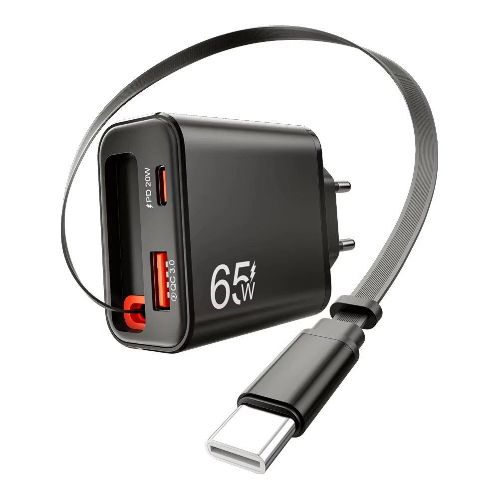 [GaN Tech] PD65W 2-Port USB PD Charger with Type-C Retractable Cable+USB-A+USB-C PD QC3.0 Fast Charging Wall Charger Adapter EU Plug for iPhone 17 17 Pro 16 Pro Max 15 14 13 for Xiaomi 17pro for OPPO for Huawei Mate XTs