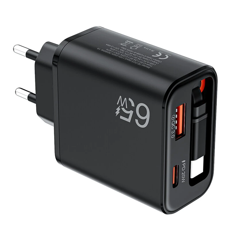 [GaN Tech] PD65W 2-Port USB PD Charger with Type-C Retractable Cable+USB-A+USB-C PD QC3.0 Fast Charging Wall Charger Adapter EU Plug for iPhone 17 17 Pro 16 Pro Max 15 14 13 for Xiaomi 17pro for OPPO for Huawei Mate XTs — view 2