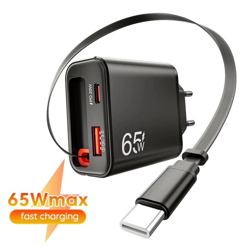 [GaN Tech] PD65W 2-Port USB PD Charger with Type-C Retractable Cable+USB-A+USB-C PD QC3.0 Fast Charging Wall Charger Adapter EU Plug for iPhone 17 17 Pro 16 Pro Max 15 14 13 for Xiaomi 17pro for OPPO for Huawei Mate XTs — view 3