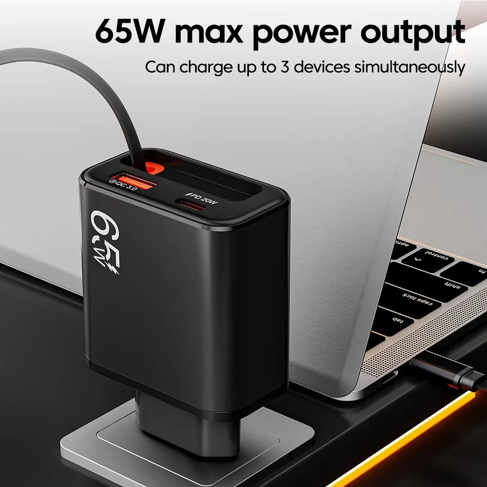 [GaN Tech] PD65W 2-Port USB PD Charger with Type-C Retractable Cable+USB-A+USB-C PD QC3.0 Fast Charging Wall Charger Adapter EU Plug for iPhone 17 17 Pro 16 Pro Max 15 14 13 for Xiaomi 17pro for OPPO for Huawei Mate XTs — view 6