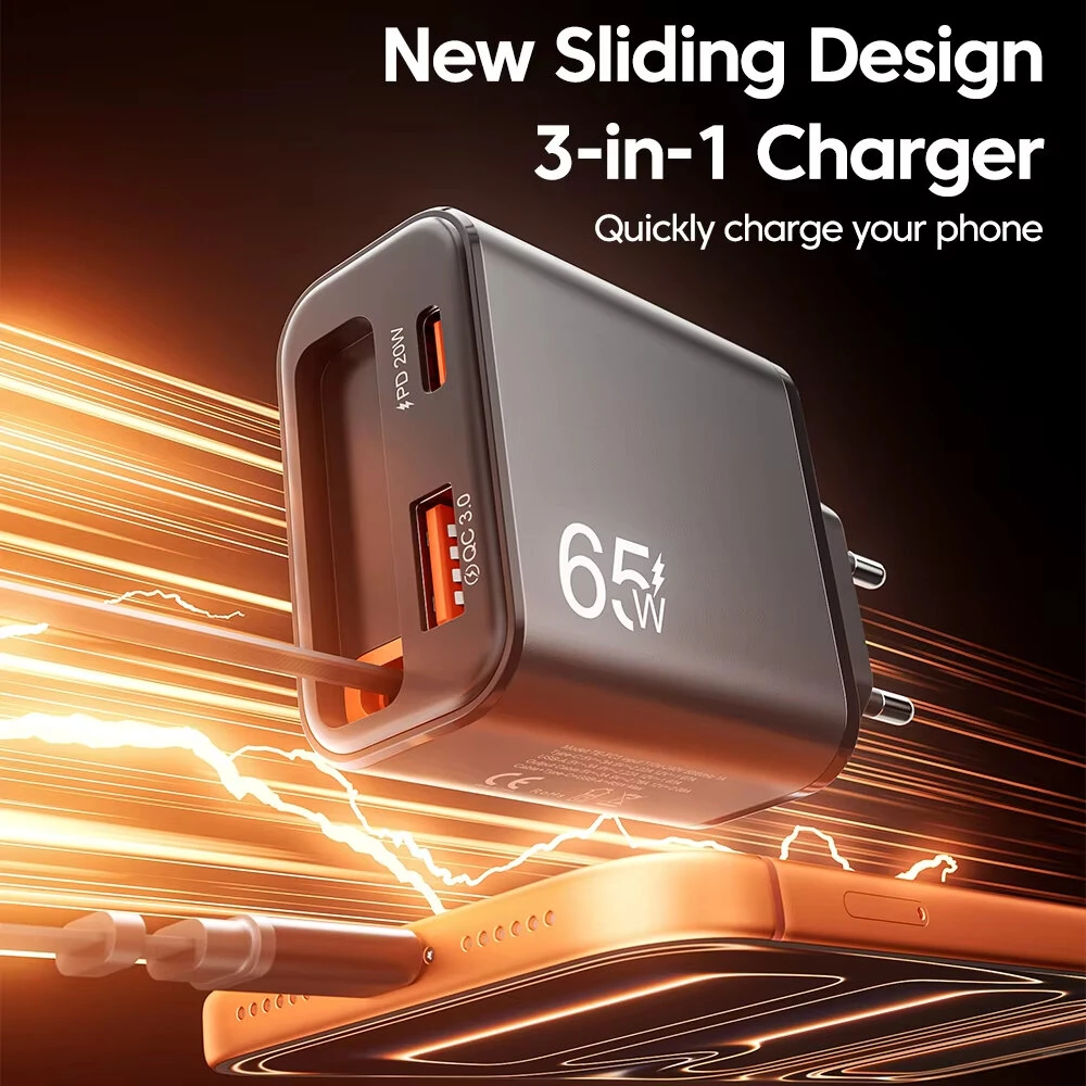 [GaN Tech] PD65W 2-Port USB PD Charger with Type-C Retractable Cable+USB-A+USB-C PD QC3.0 Fast Charging Wall Charger Adapter EU Plug for iPhone 17 17 Pro 16 Pro Max 15 14 13 for Xiaomi 17pro for OPPO for Huawei Mate XTs — view 7