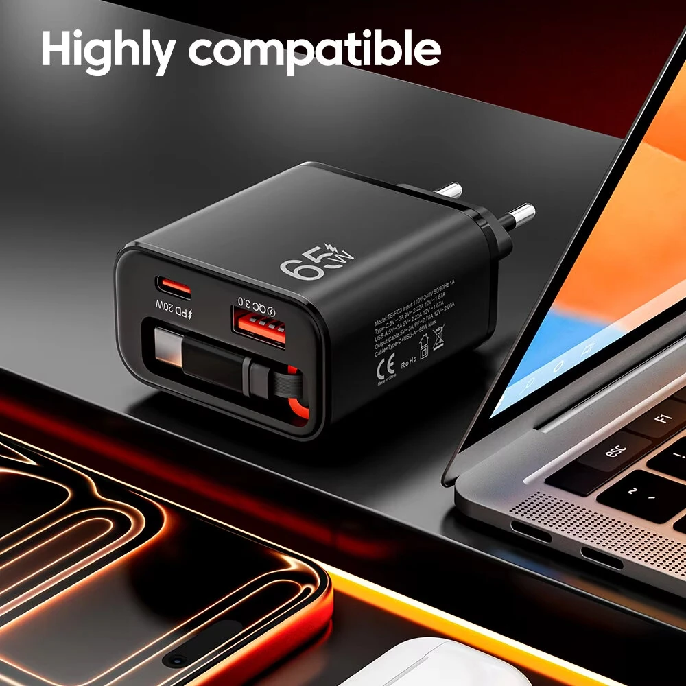 [GaN Tech] PD65W 2-Port USB PD Charger with Type-C Retractable Cable+USB-A+USB-C PD QC3.0 Fast Charging Wall Charger Adapter EU Plug for iPhone 17 17 Pro 16 Pro Max 15 14 13 for Xiaomi 17pro for OPPO for Huawei Mate XTs — view 8