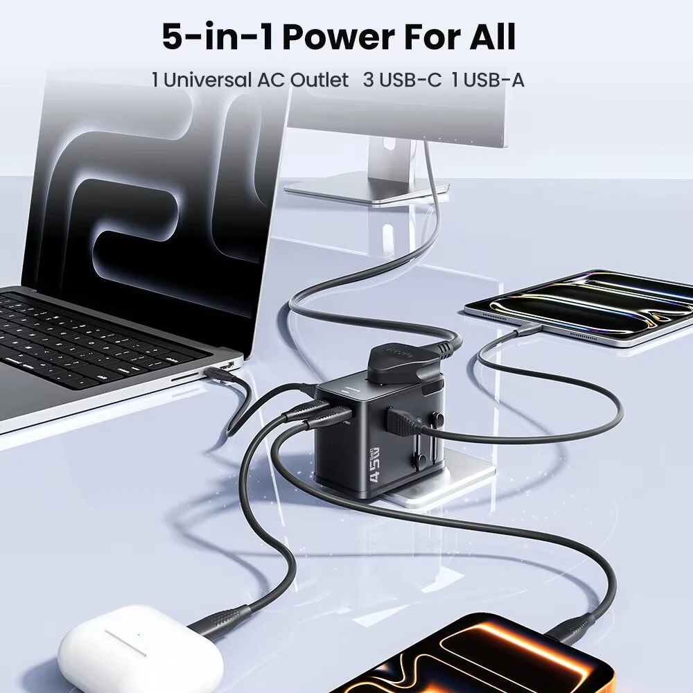 [GaN Tech] Toocki TC57451 45W 5-Port USB PD Charger USB-A+3USB-C+1AC Fast Charging Wall Charger Adapter with Universal Coverter Plug for iPhone 17 17Pro 16 15 14 Pro Max for Huawei Mate XTs for Xiaomi 17pro for SAMSUNG for OPPO — view 4
