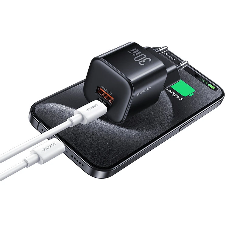 [GaN Tech] USAMS CC263 30W 2-Port USB Charger USB-A+USB-C Fast Charging Wall Charger Adapter EU Plug for iPhone 16 16 Pro 15 14 13 Pro Max for Huawei Pura X for Xiaomi 15pro for Samsung Galaxy S25 Ultra — view 3