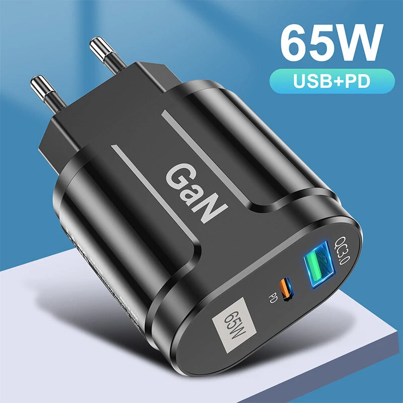 [GaN Tech] USLION 65W 2-Port USB PD Charger 33W USB-C PD+33W QC3.0 PD3.0 FCP AFC Fast Charging Wall Charger Adapter EU Plug for iPhone 12 13 14 14Pro for Huawei Mate50 for Samsung Galaxy S23 for Oppo Reno9 — view 3