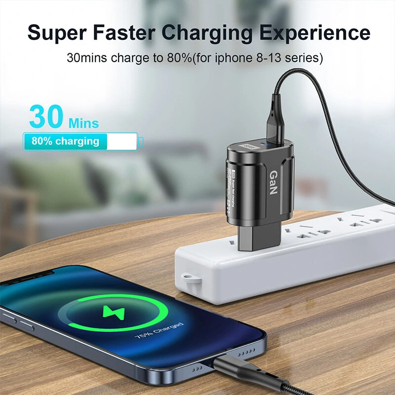 [GaN Tech] USLION 65W 2-Port USB PD Charger 33W USB-C PD+33W QC3.0 PD3.0 FCP AFC Fast Charging Wall Charger Adapter EU Plug for iPhone 12 13 14 14Pro for Huawei Mate50 for Samsung Galaxy S23 for Oppo Reno9 — view 4