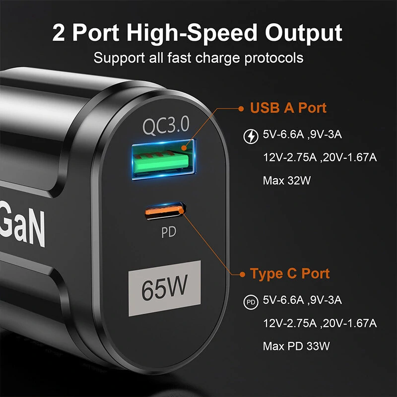 [GaN Tech] USLION 65W 2-Port USB PD Charger 33W USB-C PD+33W QC3.0 PD3.0 FCP AFC Fast Charging Wall Charger Adapter EU Plug for iPhone 12 13 14 14Pro for Huawei Mate50 for Samsung Galaxy S23 for Oppo Reno9 — view 5
