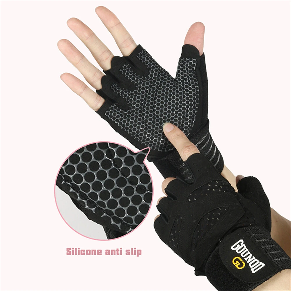 GOUNOD 1Pair Workout Half-finger Gloves Breathable Wear-resistant Extended Strap Fitness Sports Gloves for Barbell Equipment Eeightlifting Iron Exercise — view 3