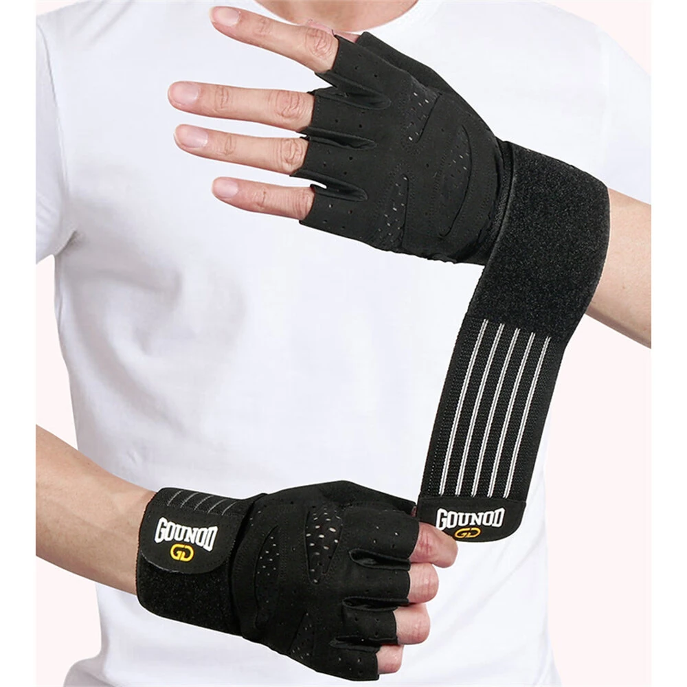 GOUNOD 1Pair Workout Half-finger Gloves Breathable Wear-resistant Extended Strap Fitness Sports Gloves for Barbell Equipment Eeightlifting Iron Exercise — view 4
