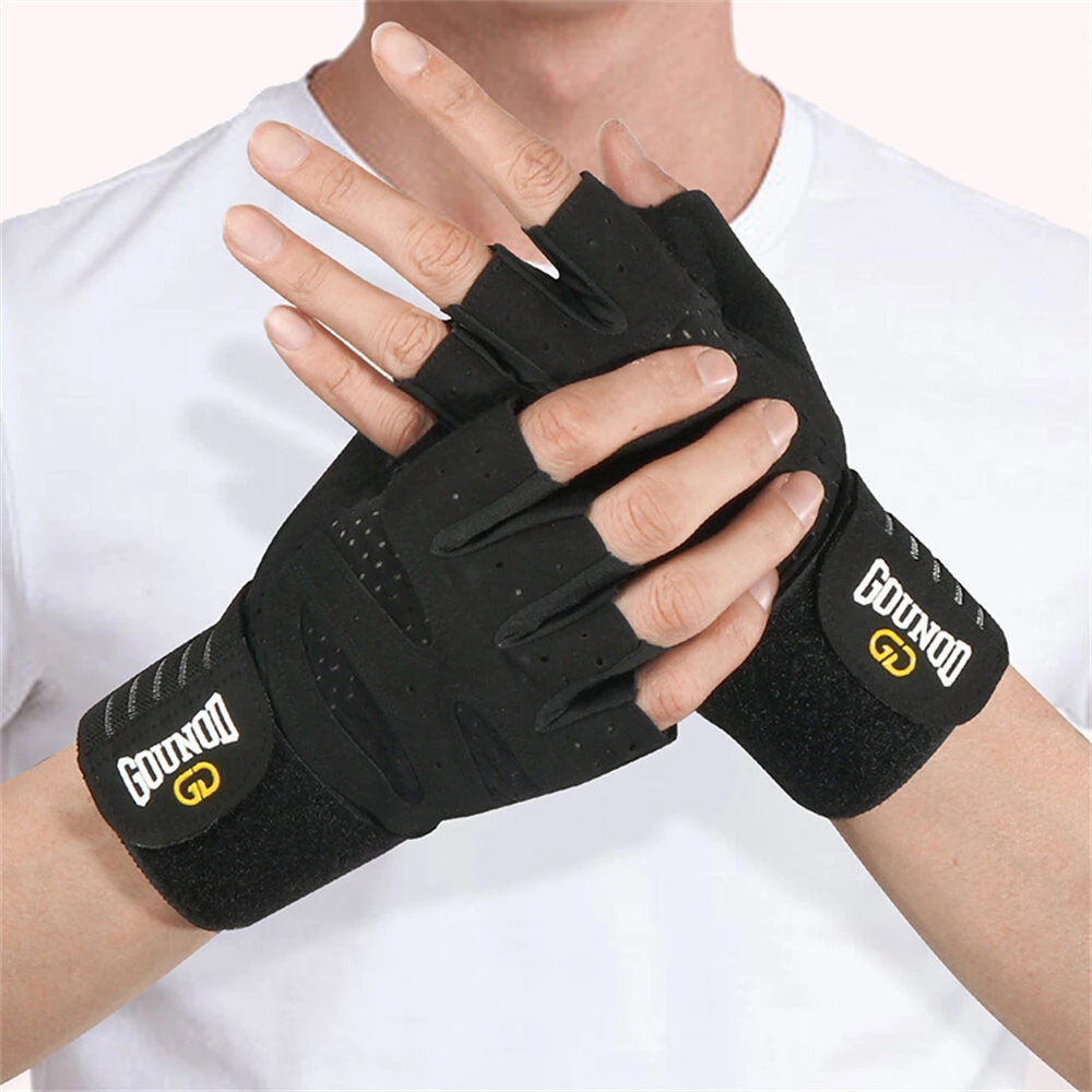 GOUNOD 1Pair Workout Half-finger Gloves Breathable Wear-resistant Extended Strap Fitness Sports Gloves for Barbell Equipment Eeightlifting Iron Exercise — view 5