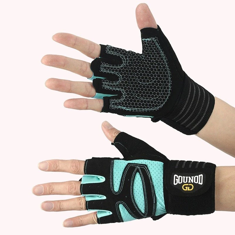 GOUNOD 1Pair Workout Half-finger Gloves Breathable Wear-resistant Extended Strap Fitness Sports Gloves for Barbell Equipment Eeightlifting Iron Exercise — view 8
