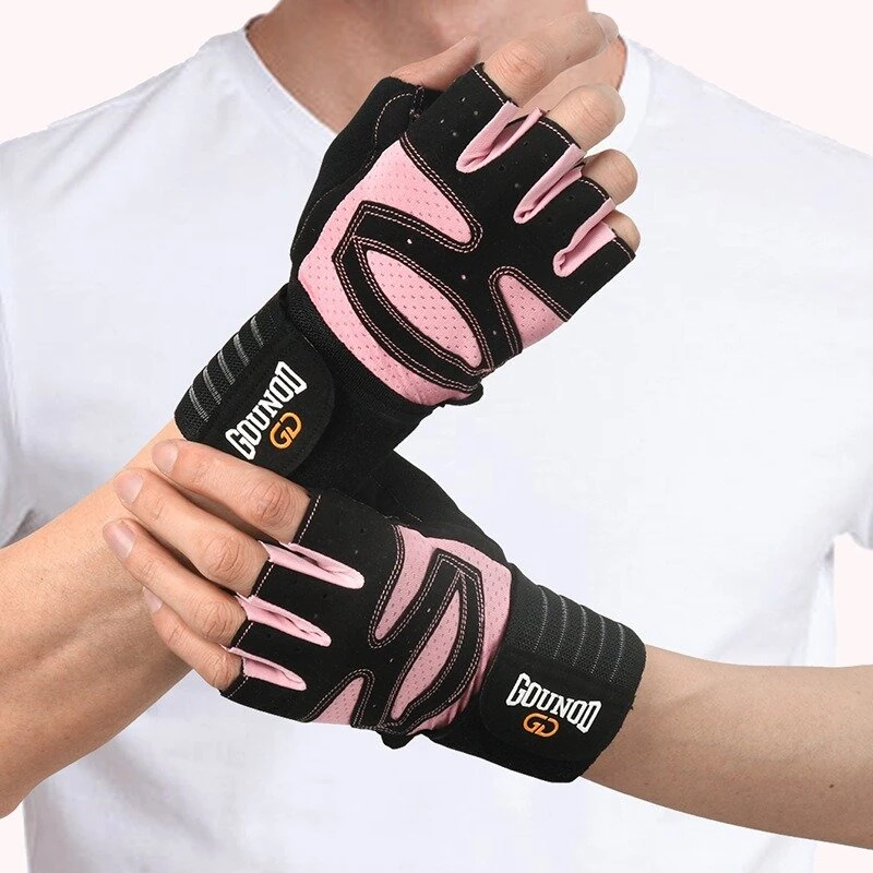 GOUNOD 1Pair Workout Half-finger Gloves Breathable Wear-resistant Extended Strap Fitness Sports Gloves for Barbell Equipment Eeightlifting Iron Exercise — view 9