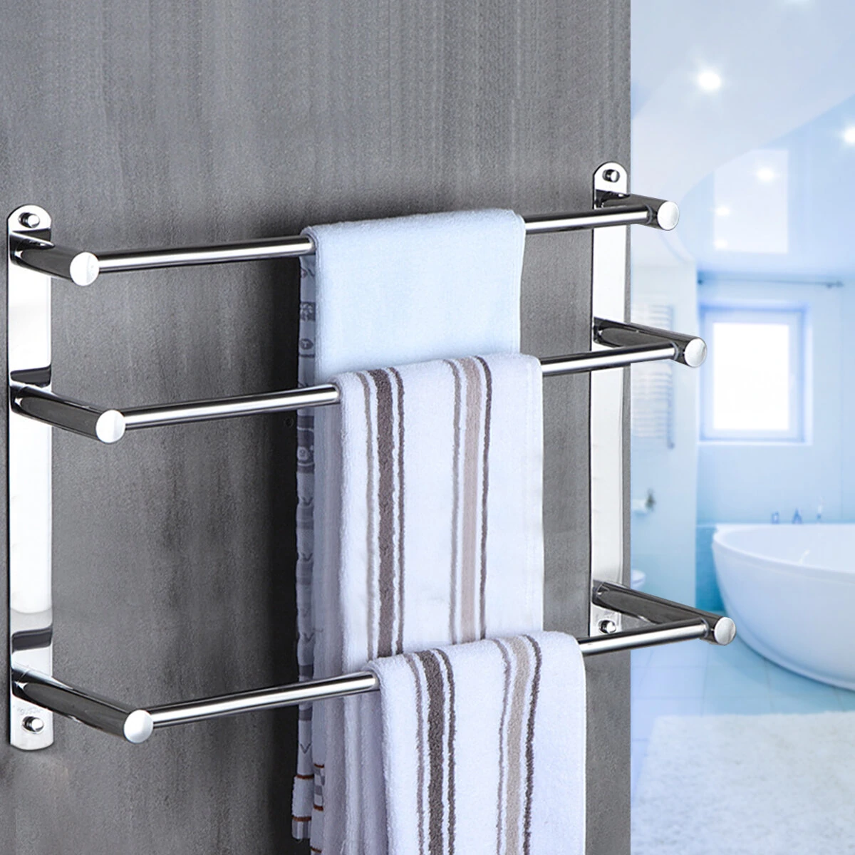 GUGE Towel Rail Rack Stainless Steel 1/2/3 Layer Shelf Holder Hook Wall Mounted Bath — view 2