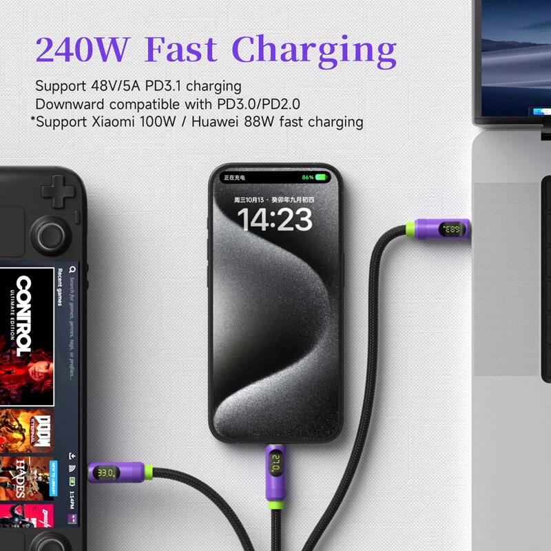 Hagibis SX04S 240W Magnetic USB-C to USB-C Cable with LED Display PD3.1 Fast Charging Data Transmission Copper Core Line 1M/2M Long for iPhone 16 16 Pro 15 15 Plus for Huawei Mate XT for Xiaomi 15pro for Samsung Galaxy Z Flip6 — view 5