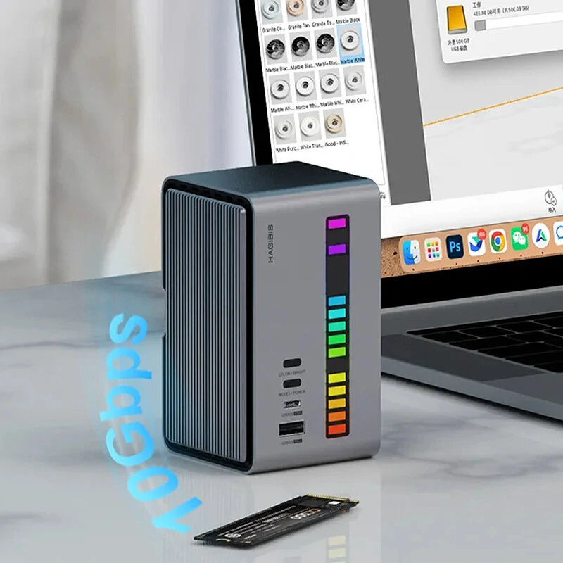 Hagibis U100Pro RGB Strip Light USB-C Docking Station with Dual HD / PD100W USB-C / M.2 SSD Enclosure / Ethernet / SD/TF Card Slot / 3.5mm Audio / USB Hubs Support Two-host Connection for Laptop Macbook Pro — view 3