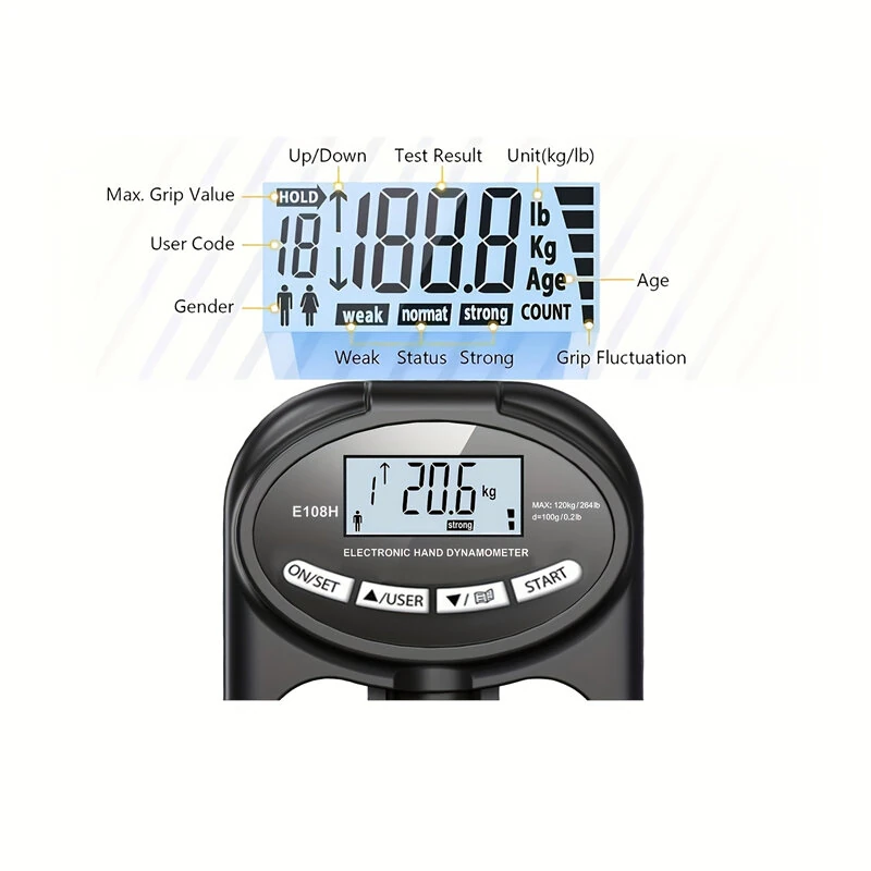 Hand Dynamometer Digital Grip Strength Tester 265 lb 120 kg Max Rechargeable Battery USB LED Display Windproof Rubberized Indoor Outdoor Use — view 3
