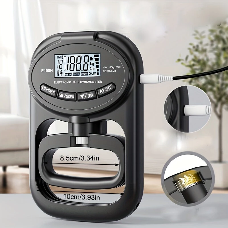 Hand Dynamometer Digital Grip Strength Tester 265 lb 120 kg Max Rechargeable Battery USB LED Display Windproof Rubberized Indoor Outdoor Use — view 4