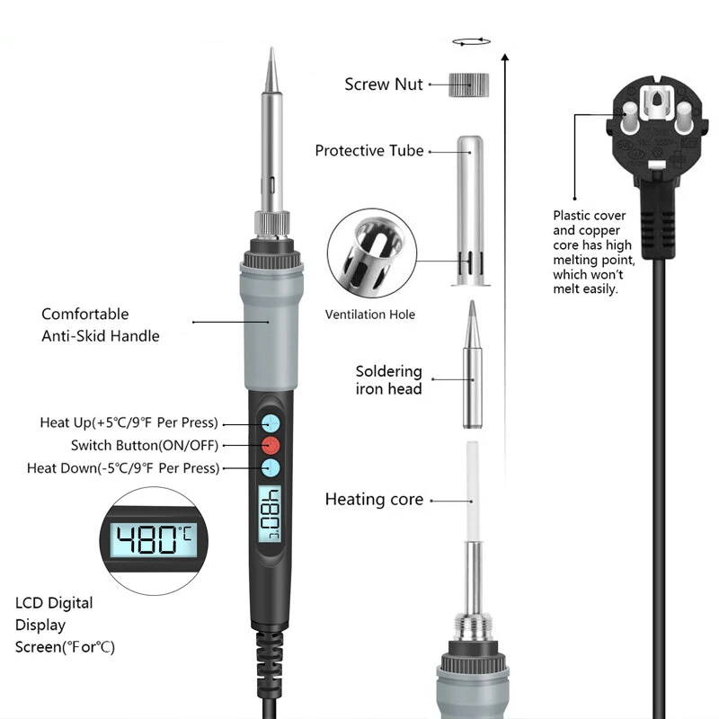HANDSKIT SI926 90W Digital Adjustable Temperature Electric Soldering Iron Kit for BGA SMD PCB IC Repair Without Spare Tip — view 3