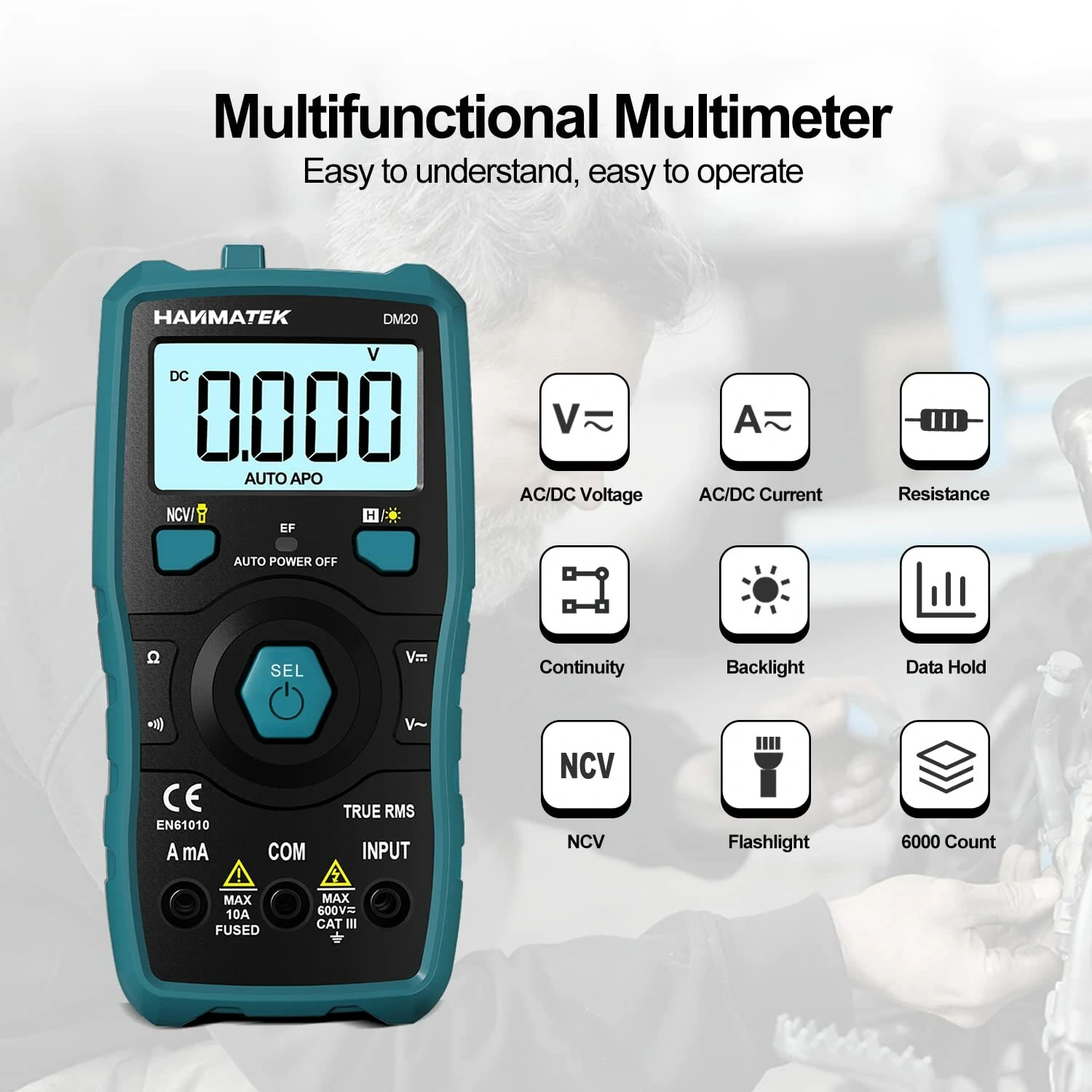 HANMATEK DM20 Digital Multimeter Auto-Ranging 6000 Counts Smart Electrical Tester with Non-Contact Voltage Function Safe Reliable for AC/DC Voltage Current Resistance Continuity Measurements — view 3