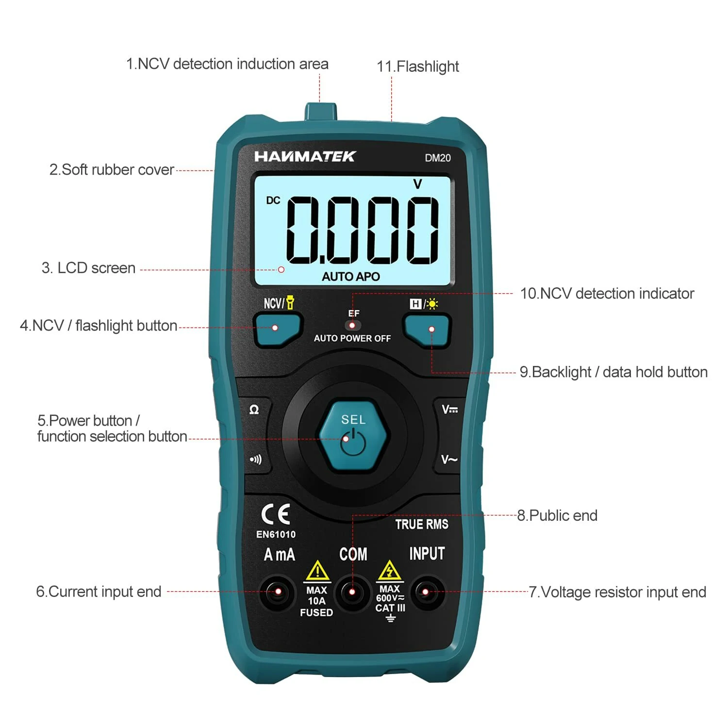 HANMATEK DM20 Digital Multimeter Auto-Ranging 6000 Counts Smart Electrical Tester with Non-Contact Voltage Function Safe Reliable for AC/DC Voltage Current Resistance Continuity Measurements — view 6