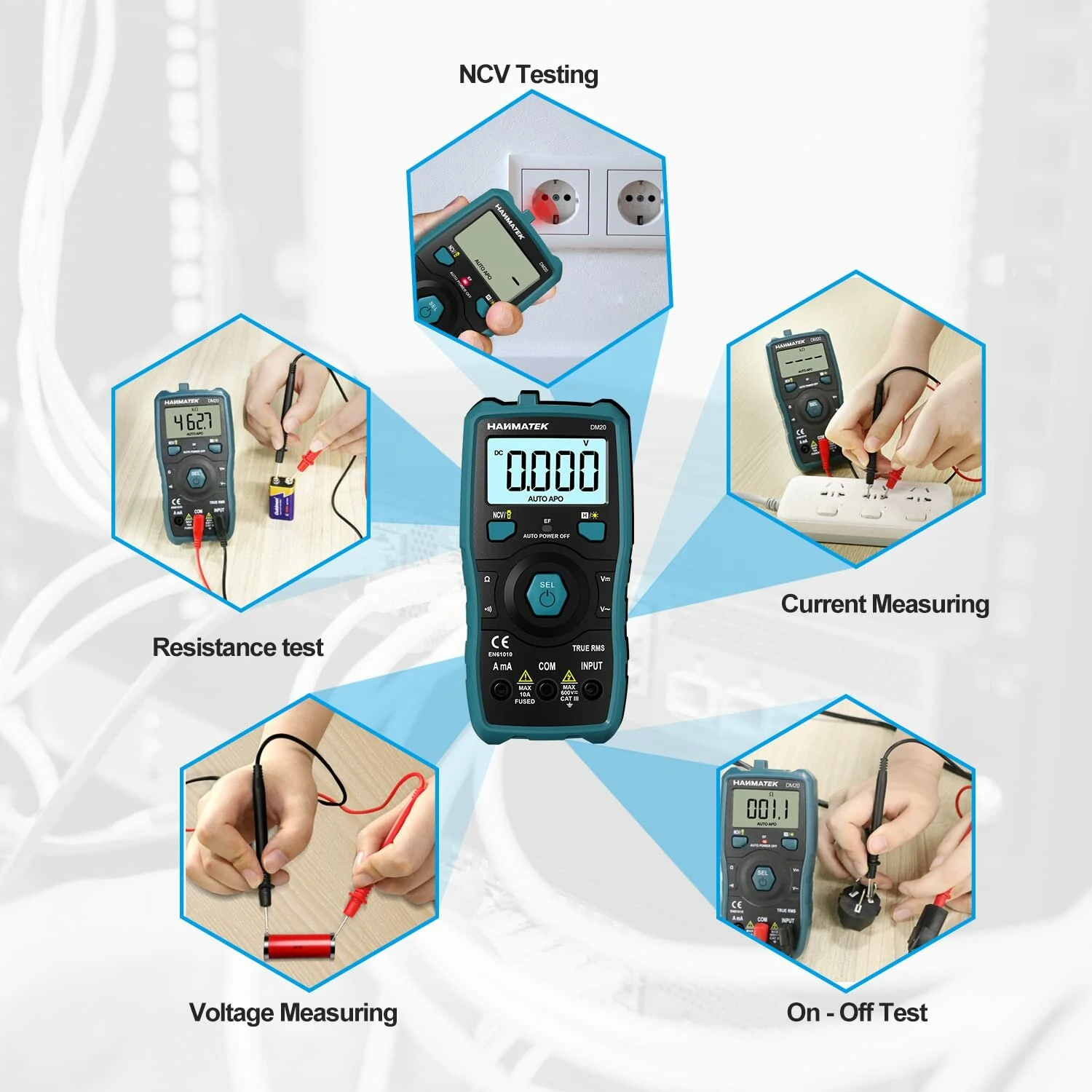 HANMATEK DM20 Digital Multimeter Auto-Ranging 6000 Counts Smart Electrical Tester with Non-Contact Voltage Function Safe Reliable for AC/DC Voltage Current Resistance Continuity Measurements — view 7