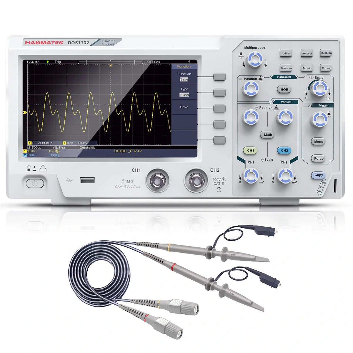 HANMATEK DOS1102 Digital Oscilloscope Portable 110MHz Bandwidth 500 MS/s Sampling 7 Inch LCD Display Dual Channels with Built-in FFT Spectrum Analysis Labview SCPI compatible USB Connectivity — HANMATEK