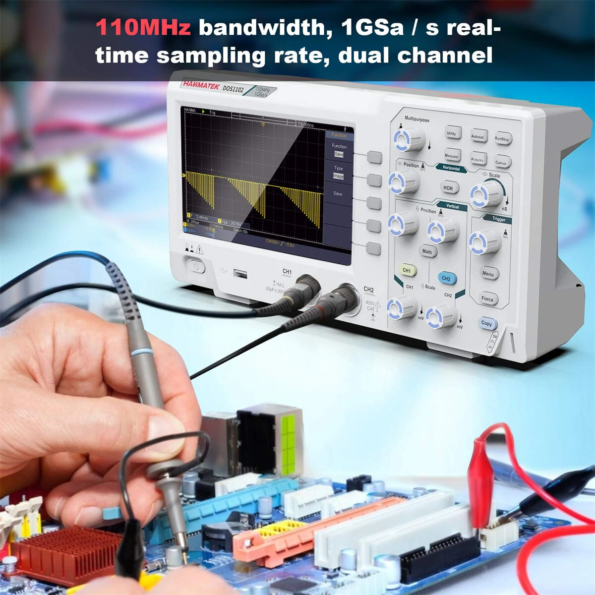 HANMATEK DOS1102 Digital Oscilloscope Portable 110MHz Bandwidth 500 MS/s Sampling 7 Inch LCD Display Dual Channels with Built-in FFT Spectrum Analysis Labview SCPI compatible USB Connectivity — view 4