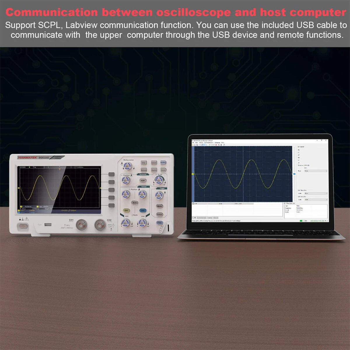 HANMATEK DOS1102 Digital Oscilloscope Portable 110MHz Bandwidth 500 MS/s Sampling 7 Inch LCD Display Dual Channels with Built-in FFT Spectrum Analysis Labview SCPI compatible USB Connectivity — view 5