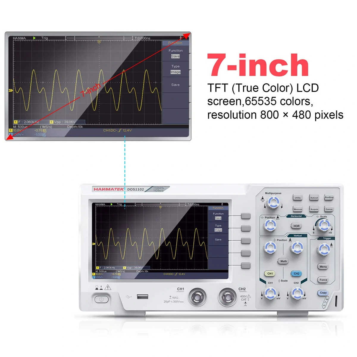 HANMATEK DOS1102 Digital Oscilloscope Portable 110MHz Bandwidth 500 MS/s Sampling 7 Inch LCD Display Dual Channels with Built-in FFT Spectrum Analysis Labview SCPI compatible USB Connectivity — view 7