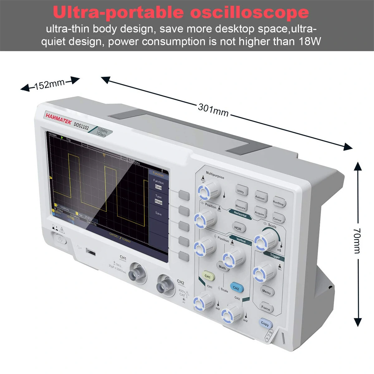 HANMATEK DOS1102 Digital Oscilloscope Portable 110MHz Bandwidth 500 MS/s Sampling 7 Inch LCD Display Dual Channels with Built-in FFT Spectrum Analysis Labview SCPI compatible USB Connectivity — view 8