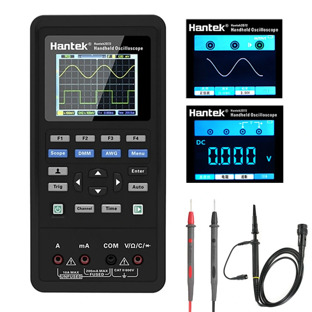 Hantek 3in1 Digital Oscilloscope+Waveform Generator+Multimeter Portable USB 2 Channels 40mhz 70mhz LCD Display Test Meter Tools Ultra-low Power Design With Large-capacity lithium Battery One-key AUTO — HANTEK