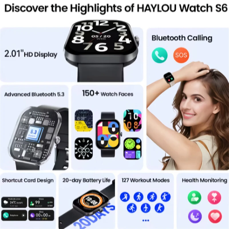 Haylou S6 2.01-inch HD Screen Voice Assistant IP68 Waterproof bluetooth Call Heart Rate Blood Pressure Blood Oxygen Monitor Sleep Monitoring SOS Emergency Call Multi-sport Modes Smart Watch — view 3