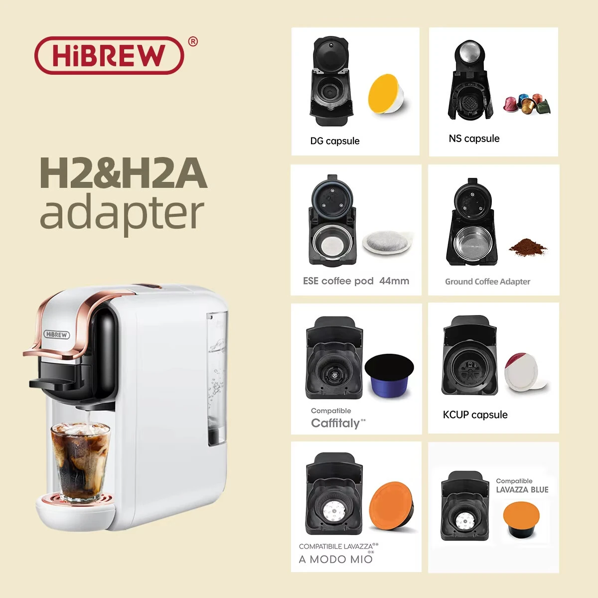 HiBREW Capsule Adapter System Parts Compatible With H2A&H2B Coffee Machine for Ground Coffee, NS, DG, ESE Pod, K-Cup, Lavazza, Caffitalyy Capsules — view 2
