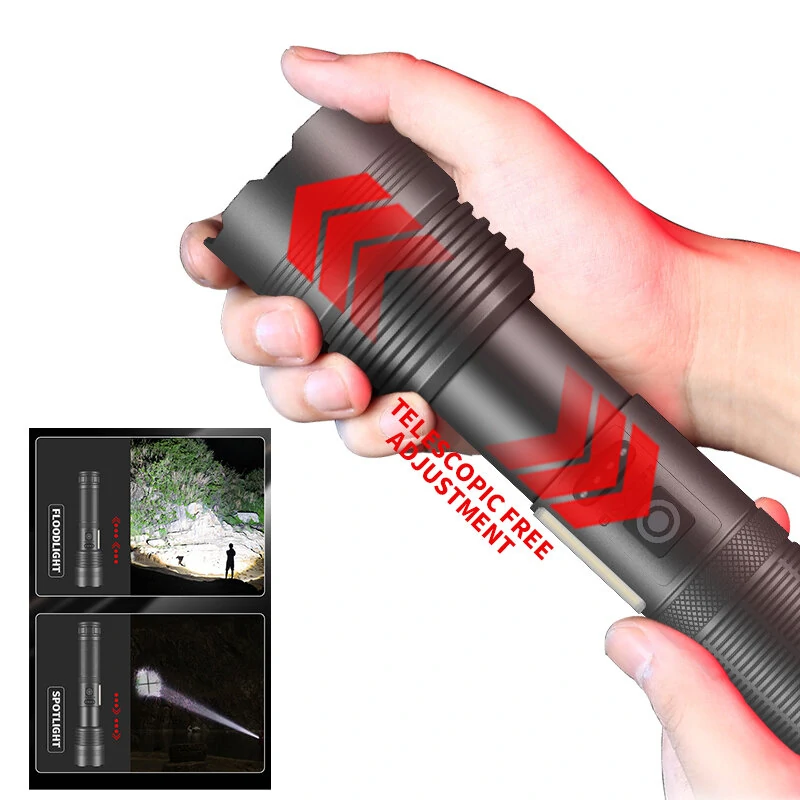 High Power XHP70 Rechargeable LED Flashlight Side Light COB Red And White Light Waterproof Torch Telescopic Zoom USB Hand Lantern For Camping Outdoor Emergency Use — view 5
