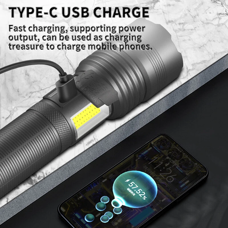 High Power XHP70 Rechargeable LED Flashlight Side Light COB Red And White Light Waterproof Torch Telescopic Zoom USB Hand Lantern For Camping Outdoor Emergency Use — view 6